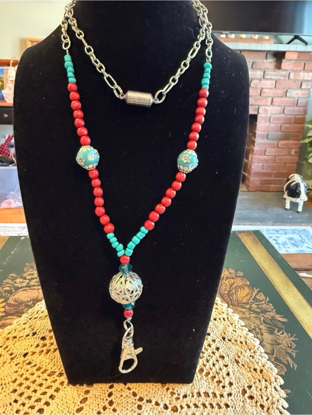 Southwestern Turquoise & Red Beaded badge holder